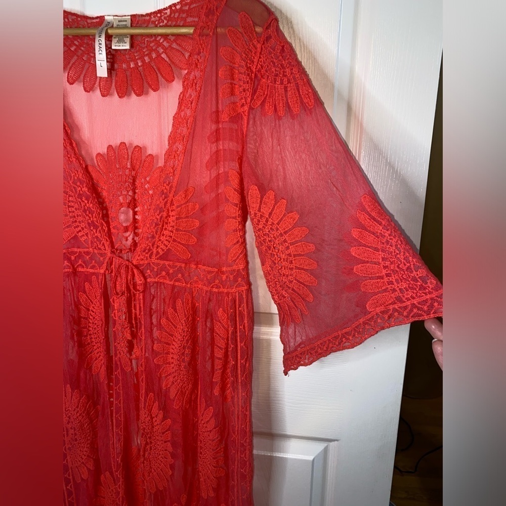 Forgotten Grace Pink Coral Bohemian Lace Kimono, Beach Coverup